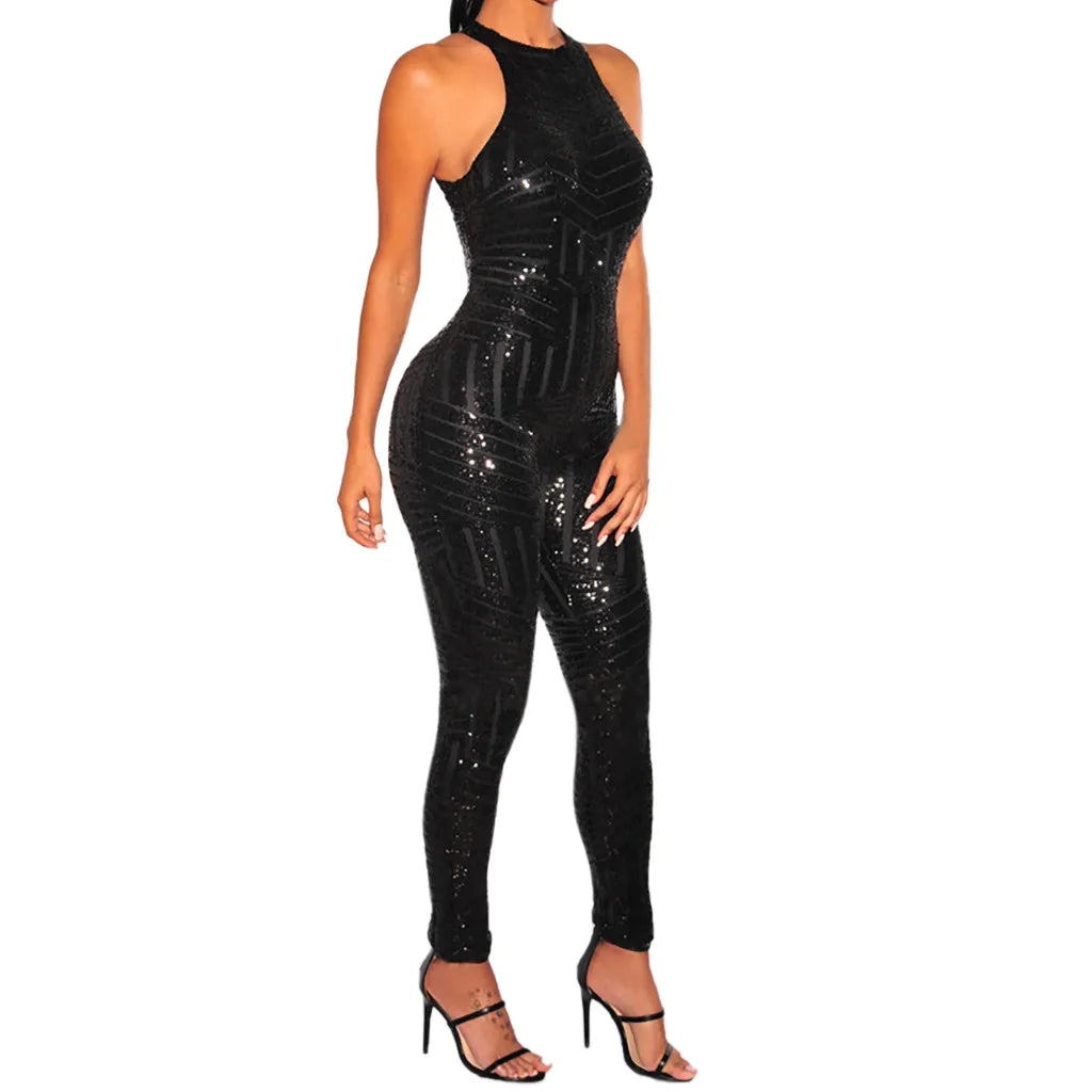 Sequin Off Shoulder O-neck Jumpsuit.