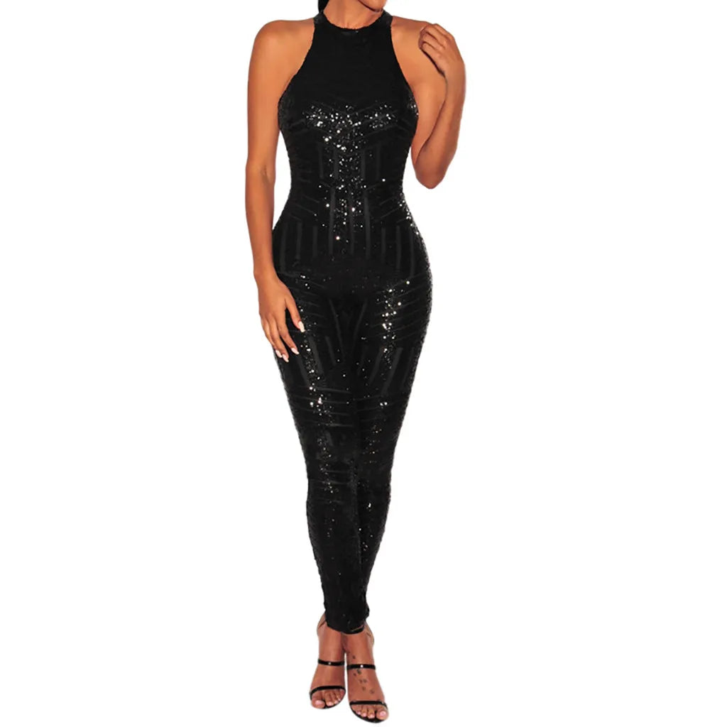Sequin Off Shoulder O-neck Jumpsuit.