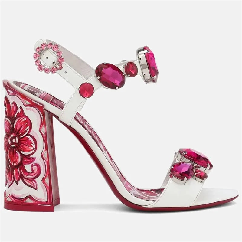 Bohemia Rhinestone Thick Heel Open Toe Sandals.