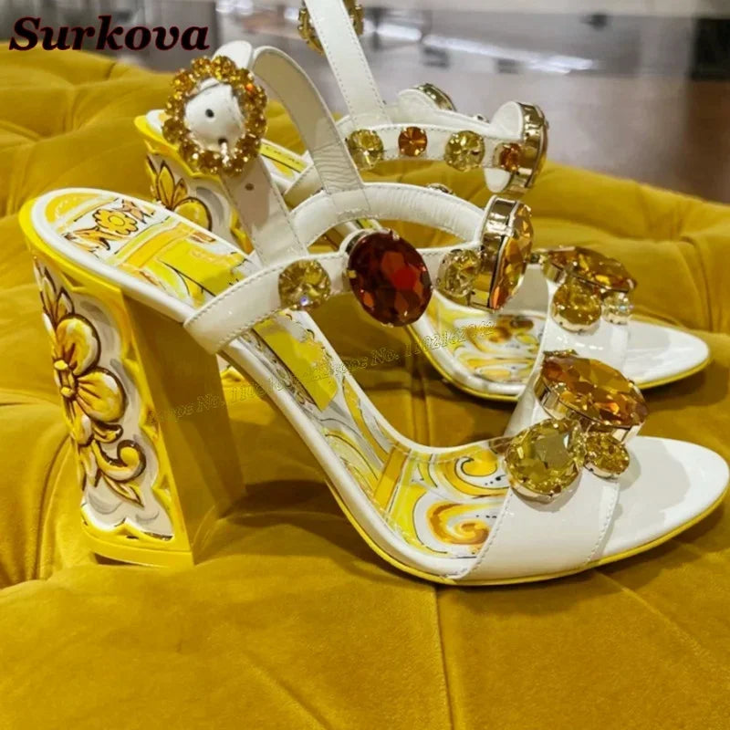 Summer Gemstone Thick Heel Printed Dress Sandals for Women.