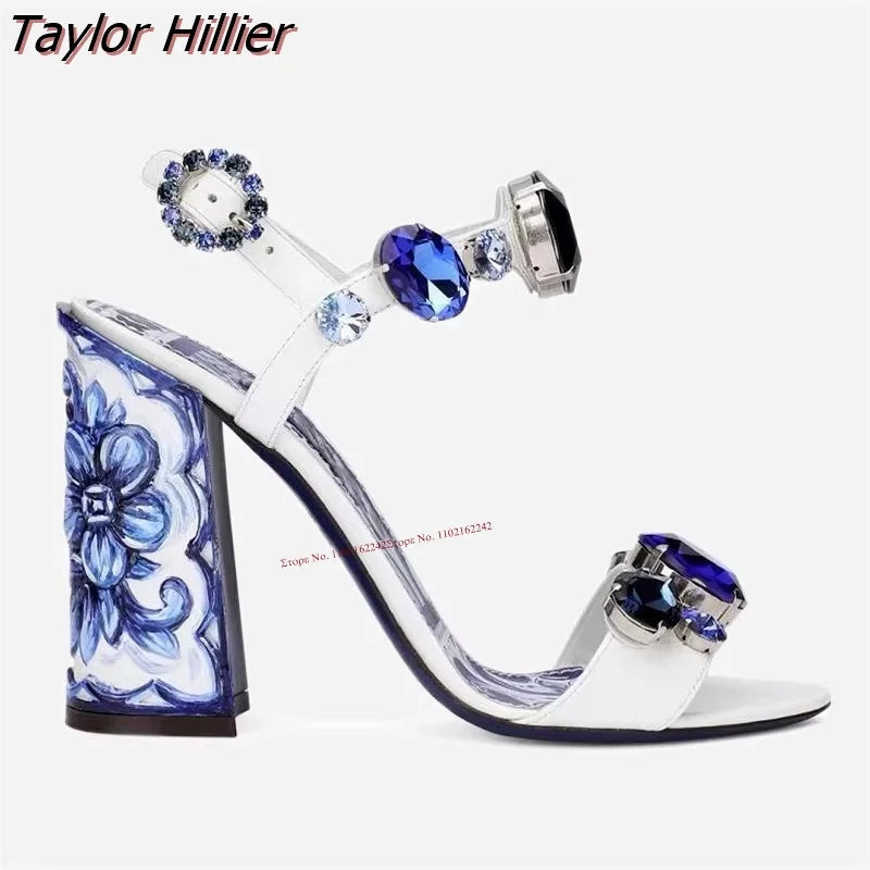 Bohemia Rhinestone Thick Heel Open Toe Sandals.