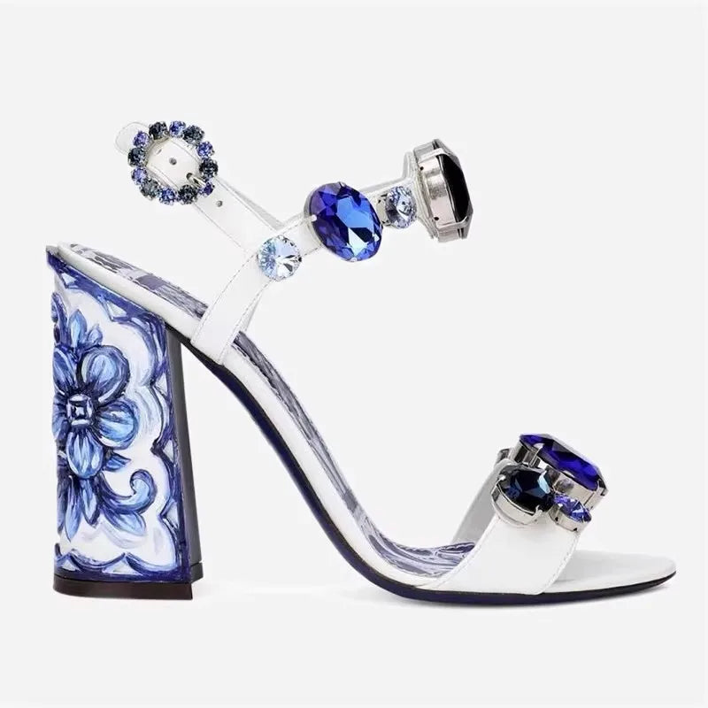 Bohemia Rhinestone Thick Heel Open Toe Sandals.