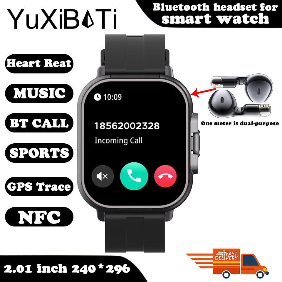 Smart Watch 2 in 1 With Enclosed Earphone. Smartwatch Bluetooth Call Men Watch GPS. Track Heart Rate Monitor. Play Music SmartWatch - BLAKESTORE-NG