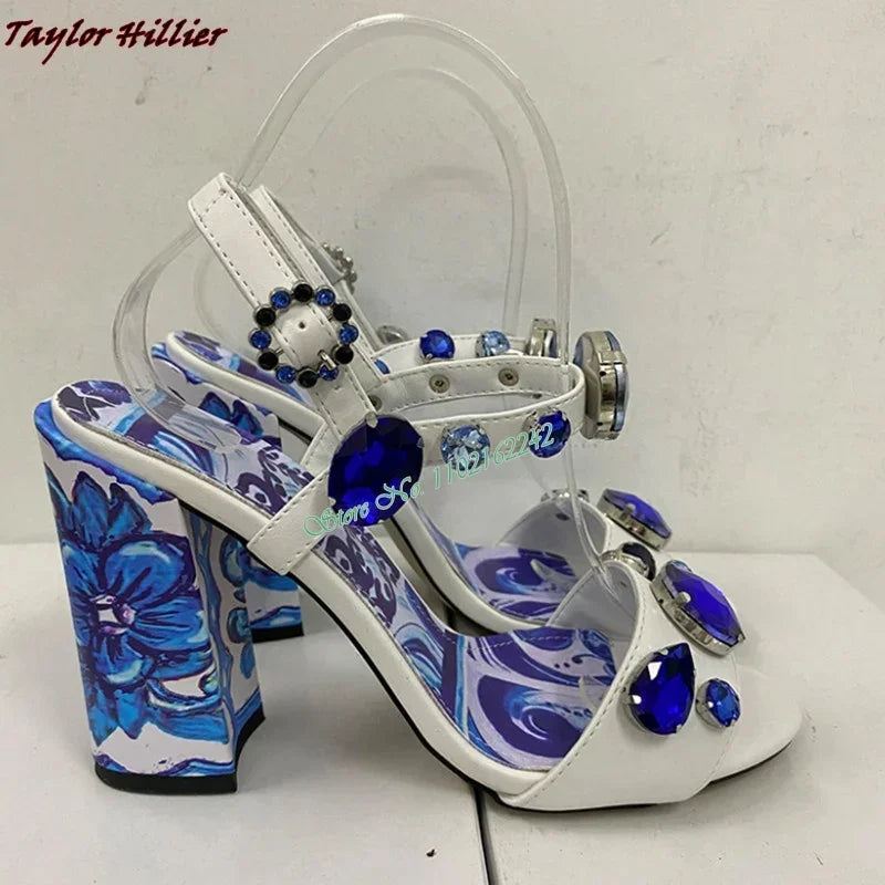 Summer Gemstone Thick Heel Printed Dress Sandals for Women.