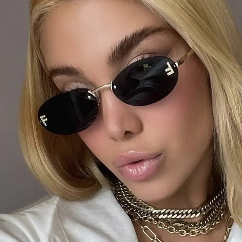 Unisex Retro Oval Rimless Sunglasses.