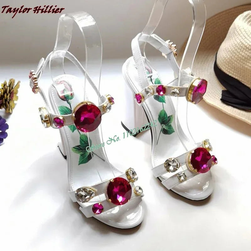 Summer Gemstone Thick Heel Printed Dress Sandals for Women.