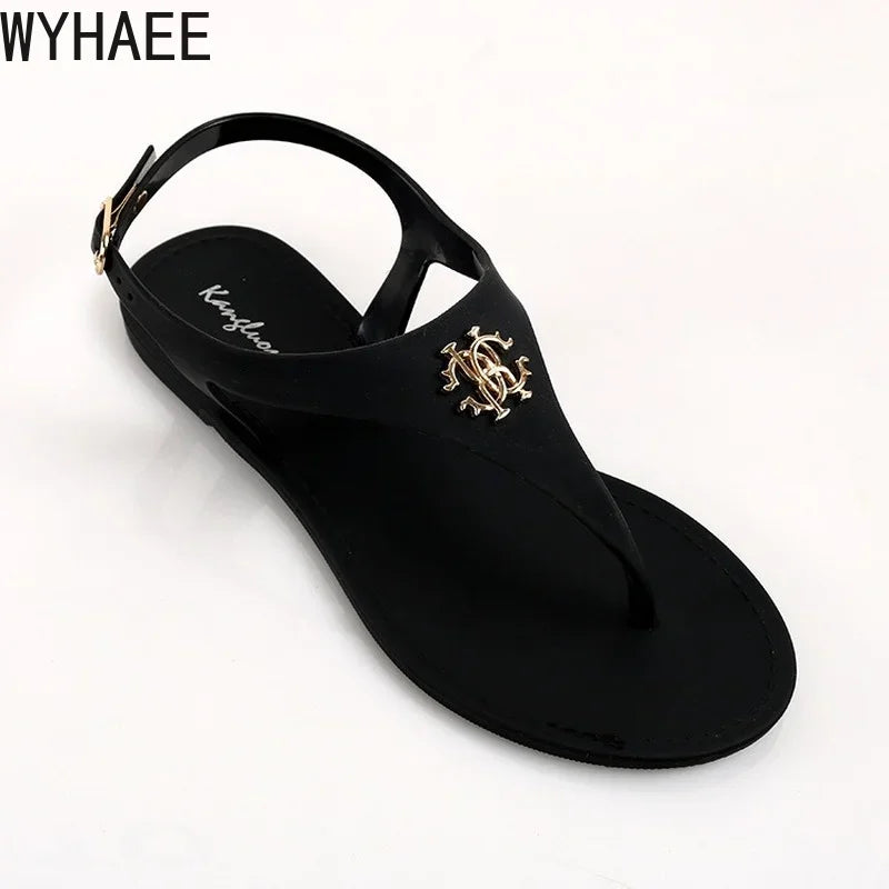 Women Summer Sandals Open Toe Jelly Flip Flops Non-slip Buckle Flat Sandals.