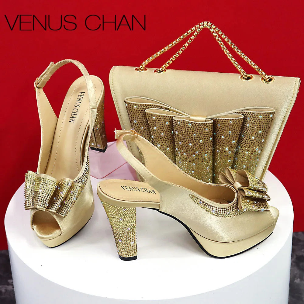 Thin Heels Ladies Shoes and Bag Matching Bag Set For Women Wedding Party.
