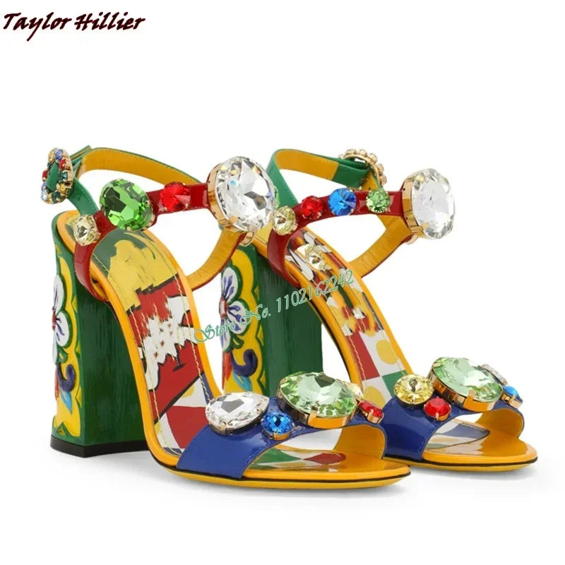 Summer Gemstone Thick Heel Printed Dress Sandals for Women.