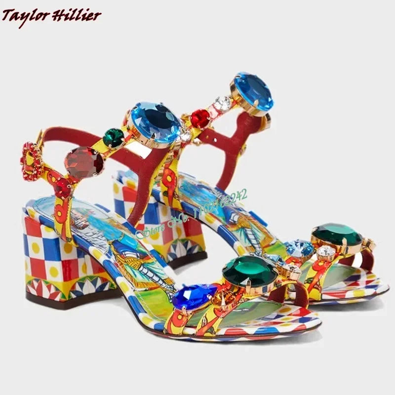 Summer Gemstone Thick Heel Printed Dress Sandals for Women.