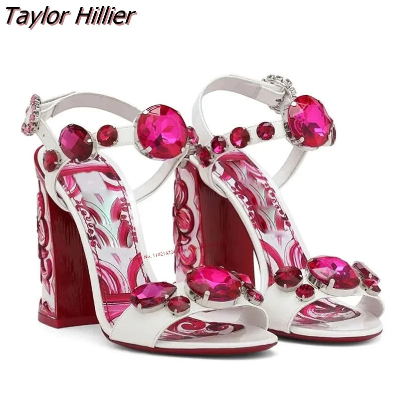 Bohemia Rhinestone Thick Heel Open Toe Sandals.
