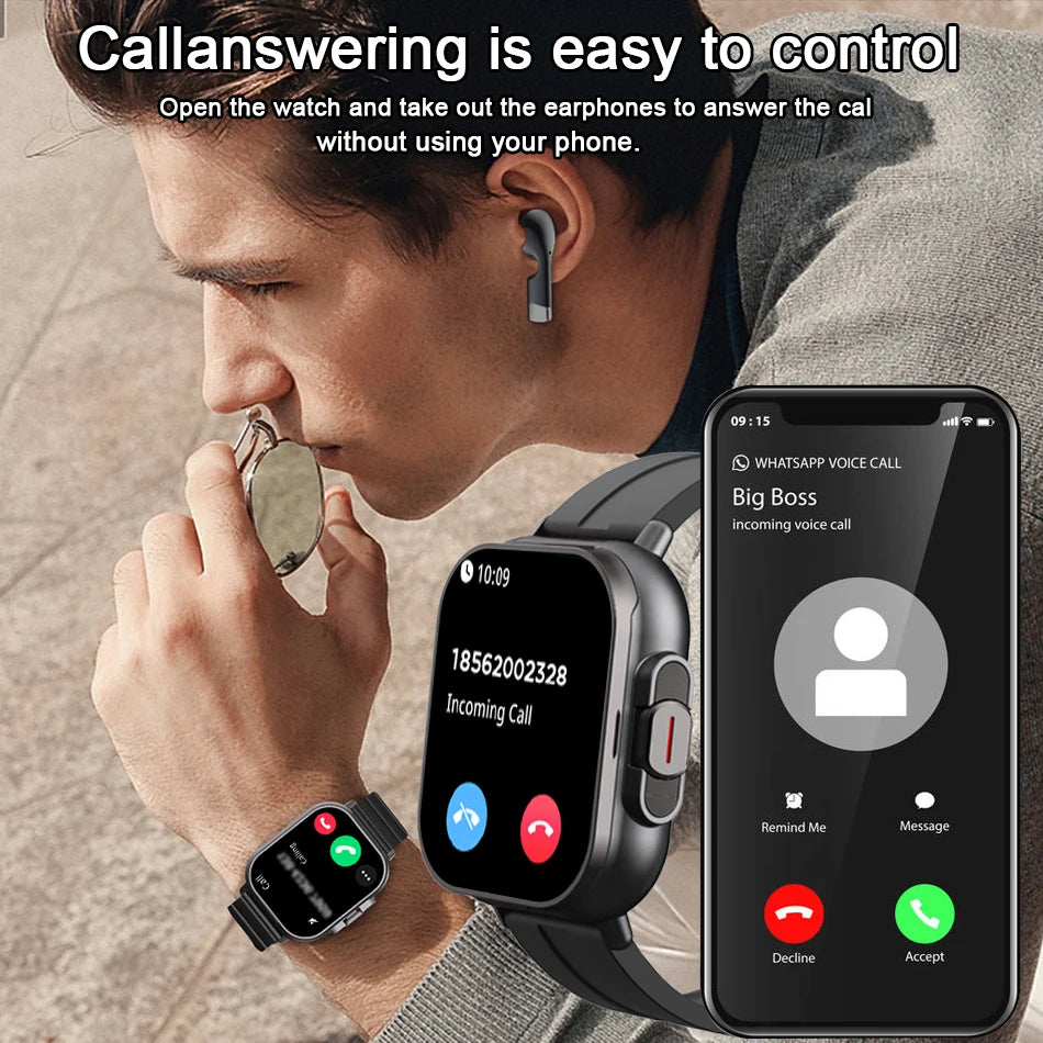 Smart Watch 2 in 1 With Enclosed Earphone. Smartwatch Bluetooth Call Men Watch GPS. Track Heart Rate Monitor. Play Music SmartWatch - BLAKESTORE-NG