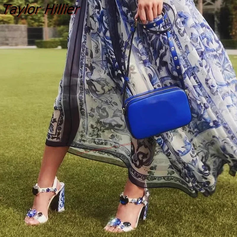 Bohemia Rhinestone Thick Heel Open Toe Sandals.