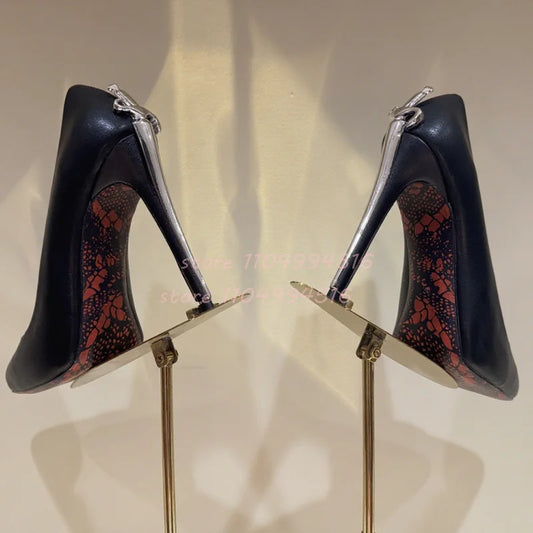 sexy leather stiletto pumps with metal decor