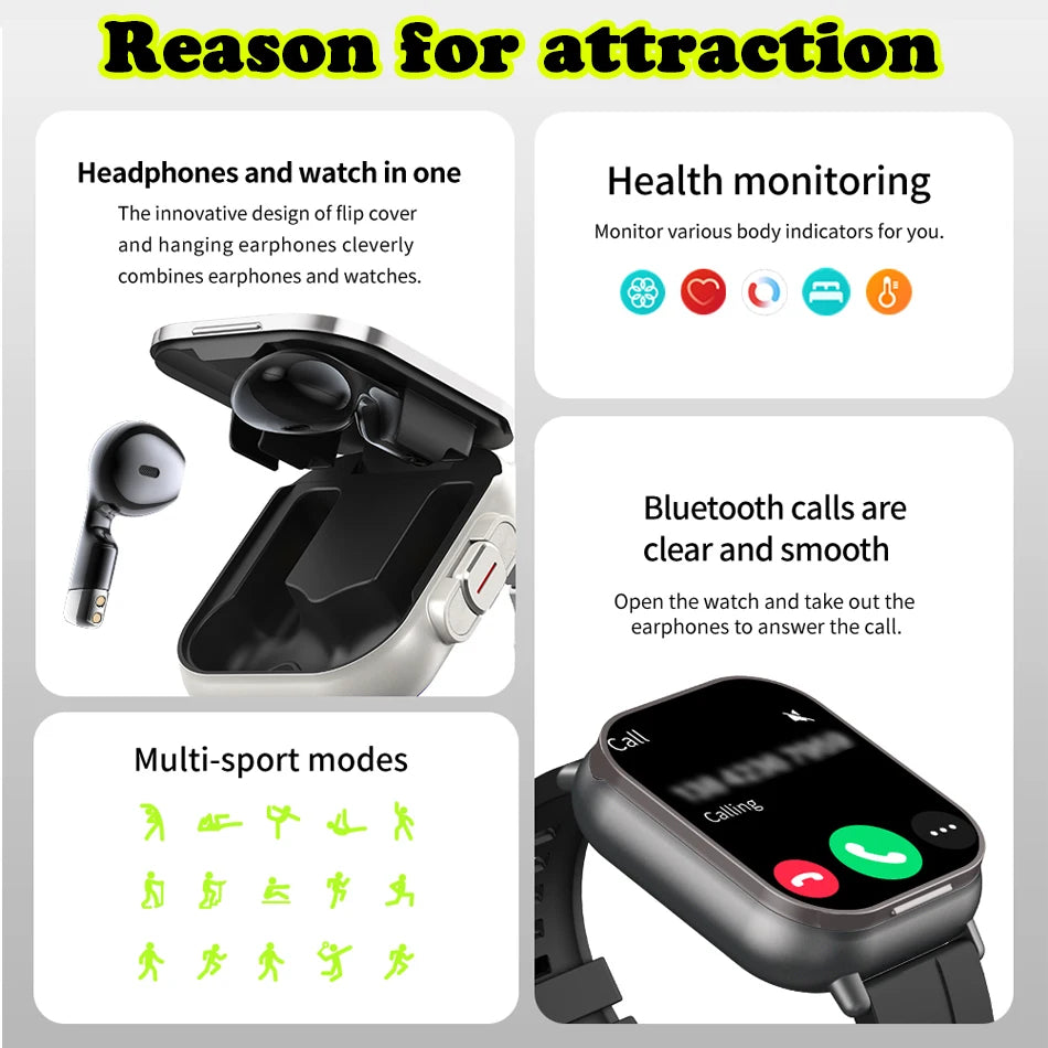 Smart Watch 2 in 1 With Enclosed Earphone. Smartwatch Bluetooth Call Men Watch GPS. Track Heart Rate Monitor. Play Music SmartWatch - BLAKESTORE-NG