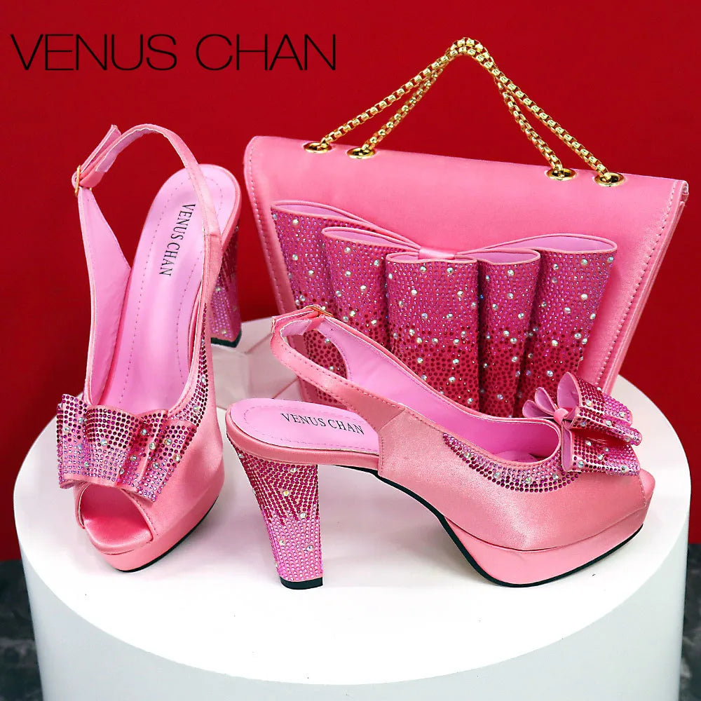 Thin Heels Ladies Shoes and Bag Matching Bag Set For Women Wedding Party.