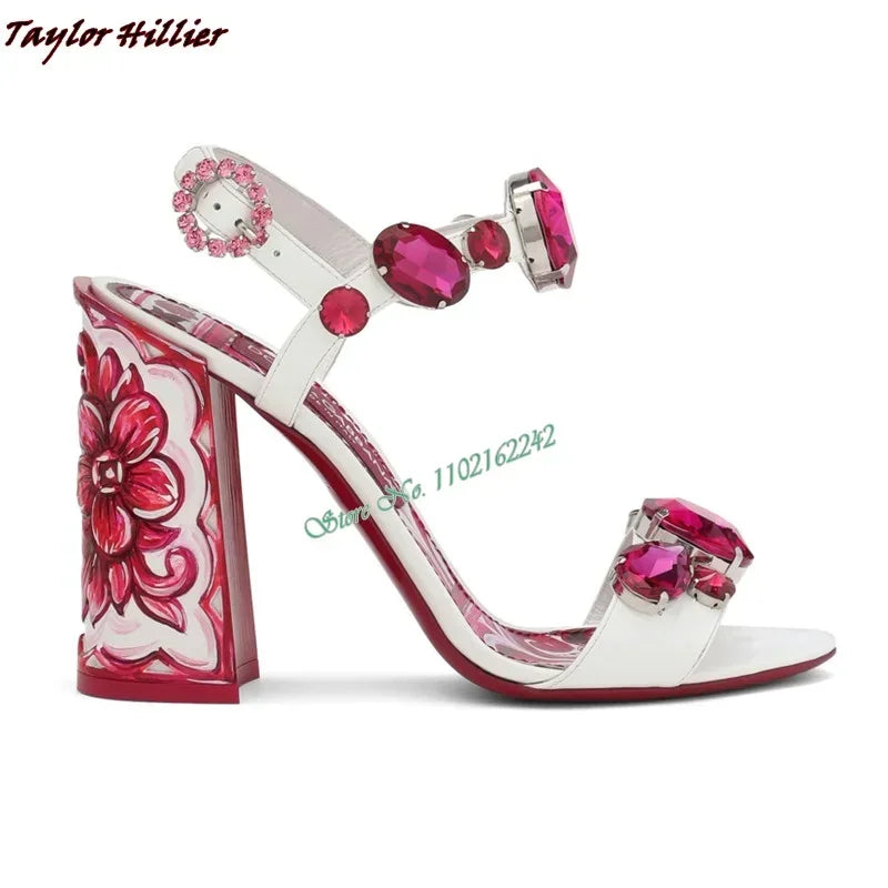 Summer Gemstone Thick Heel Printed Dress Sandals for Women.