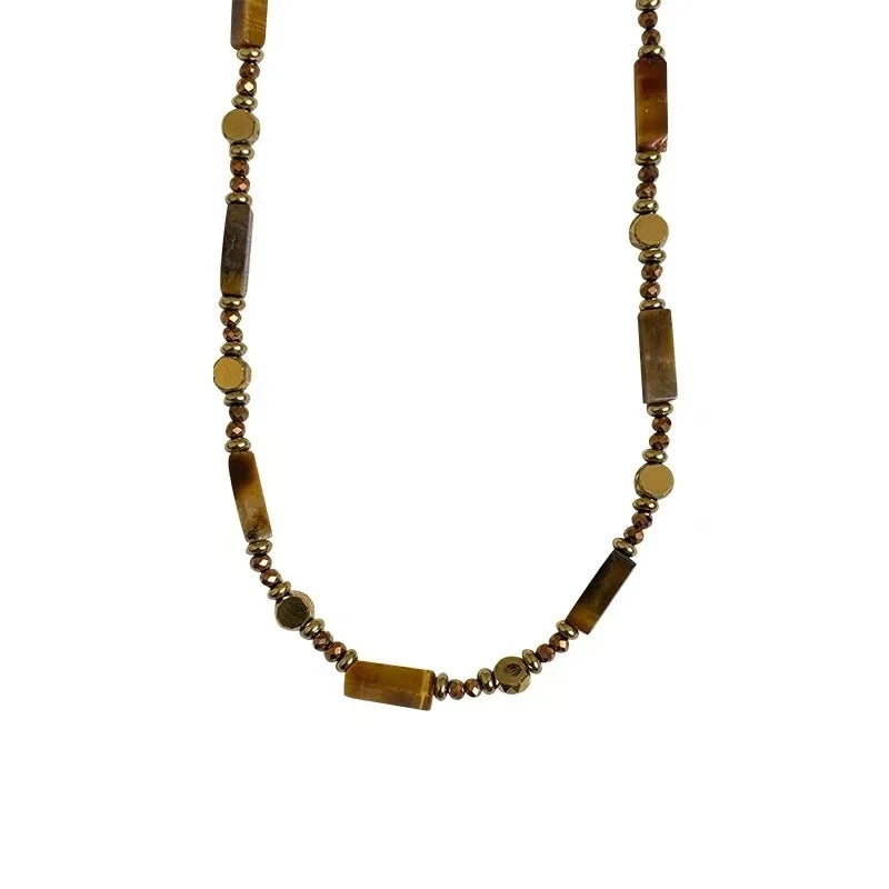 Retro Temperament Layered Tiger Eye Stone Pendant Necklace.