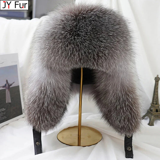 BLAKESTORE-NG Winter hat Men’s Real Silver Fox Fur Ushanka Hat