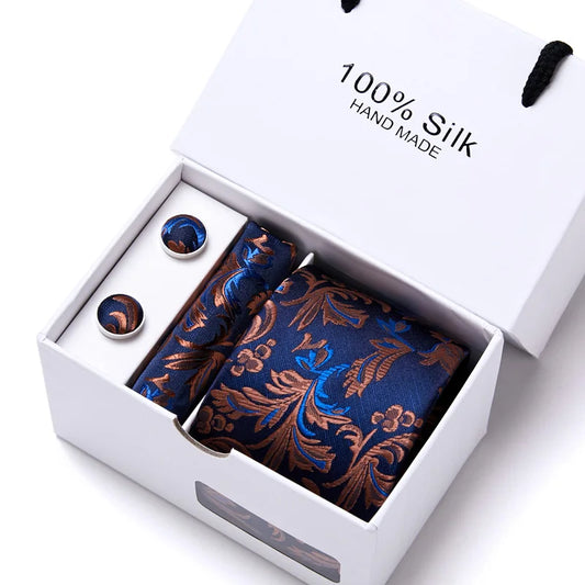 100% Silk Striped Floral Tie Set with Handkerchief | 7.5cm Men’s Luxury Necktie Gift Box for Wedding Business Party
