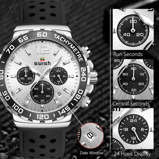 Sport Quartz Men Watch Silver Dial Chronograph Date - BLAKESTORE-NG