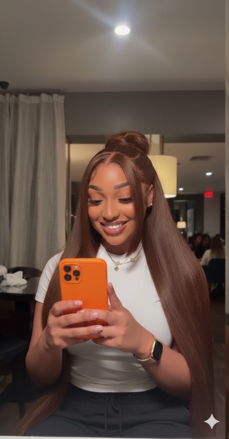 Swiss Lace 36” Chocolate Brown HD Bone Straight Wig