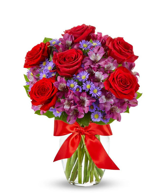 elegant red rose arrangement with purple accents flowers