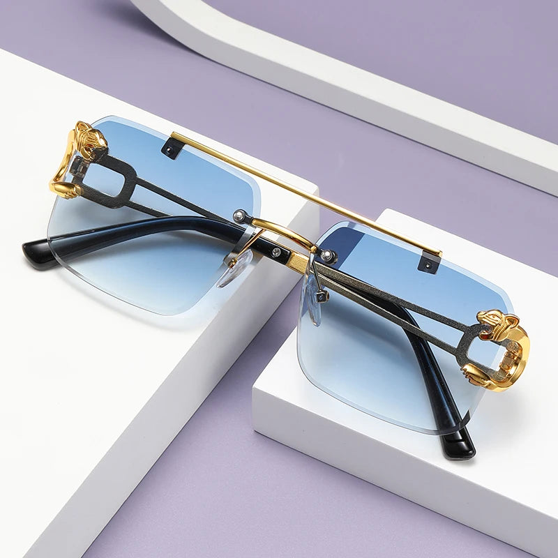 Rimless Square Double Bridge Sun Glasses Vintage Unisex.