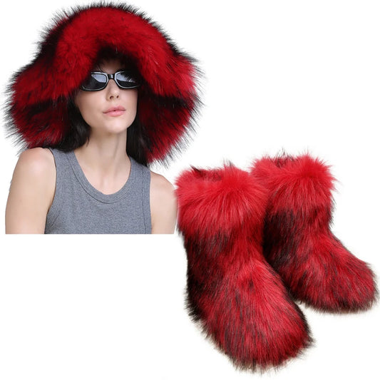 Women's Fur Snow Boots with Hat.