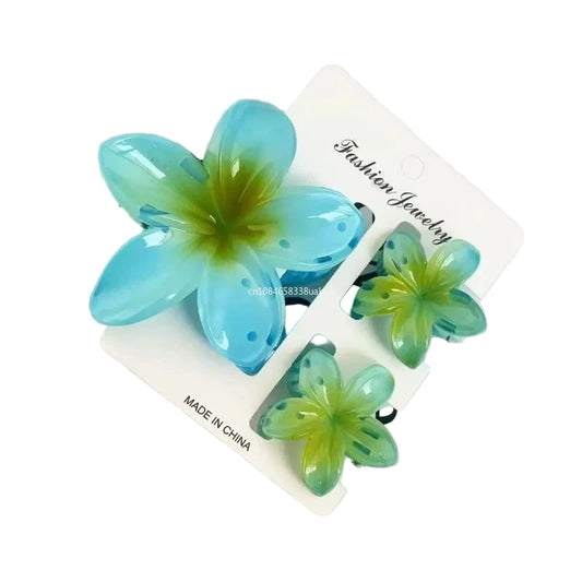 3Pc Sweet Colorful Plumeria Flower Shark CHair Clip