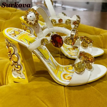 Summer Gemstone Thick Heel Printed Dress Sandals for Women.