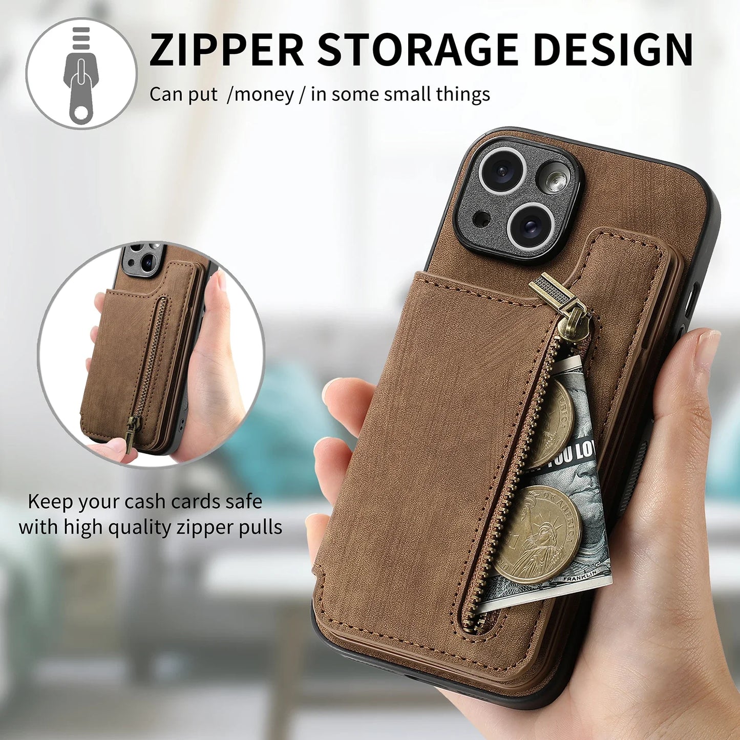 Zipper Cards Solt Wallet Leather Case For iPhone