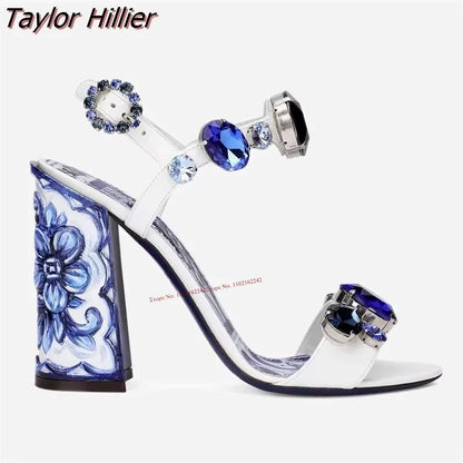 Bohemia Rhinestone Thick Heel Open Toe Sandals.