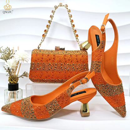 Women Heel Party Shoes Italian Design. Green Shoes And Bag Set.
