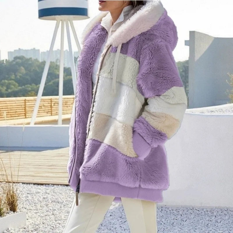 Oversized Plush Hooded Jacket for Women – Fall & Winter