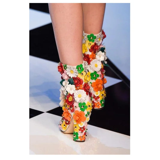 Mixed Color Flower Crystal Mid Calf Boots.