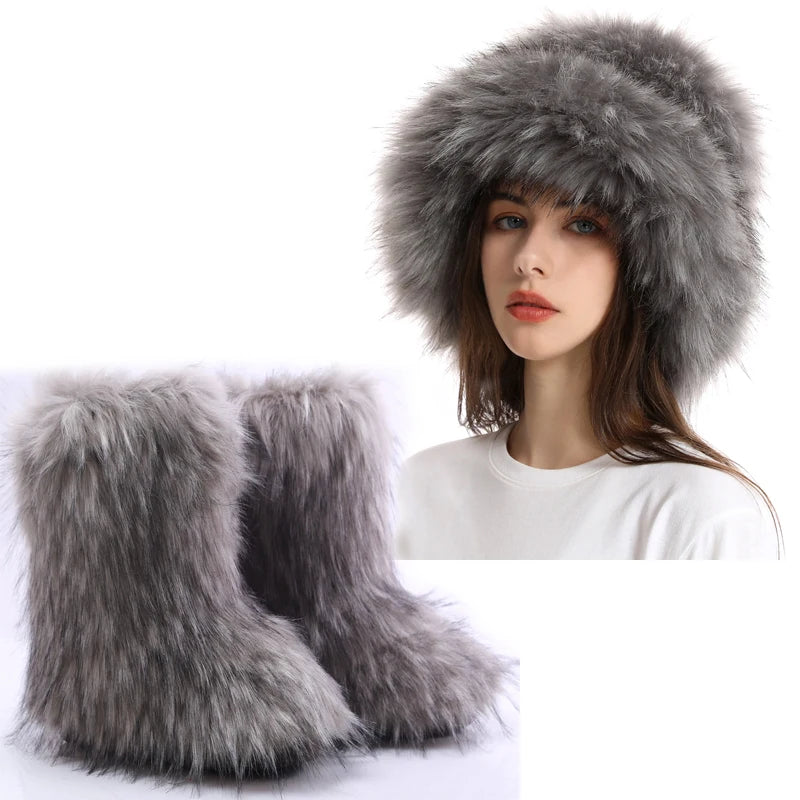 Women's Fur Snow Boots with Hat.