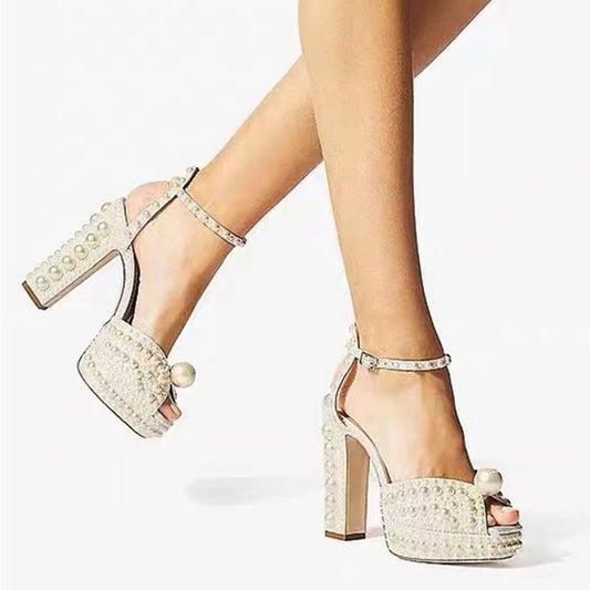 Beaded Thick Heel Platform Sandals For Women.