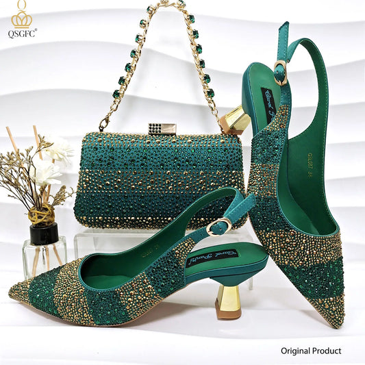 Women Heel Party Shoes Italian Design. Green Shoes And Bag Set.