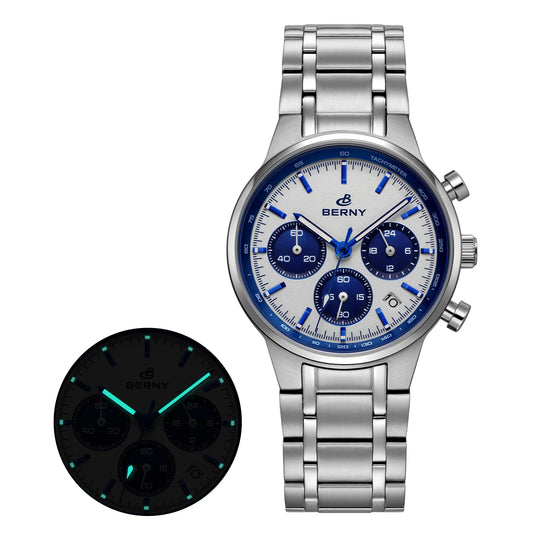 BERNY Men’s Chronograph Watch | Sapphire Stainless Steel Panda Dial