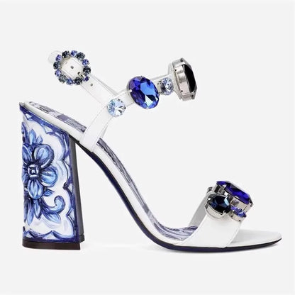 Bohemia Rhinestone Thick Heel Open Toe Sandals.