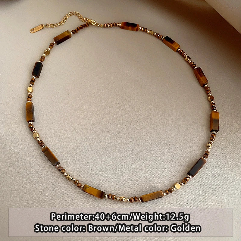 Retro Temperament Layered Tiger Eye Stone Pendant Necklace.