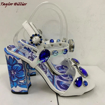 Summer Gemstone Thick Heel Printed Dress Sandals for Women.