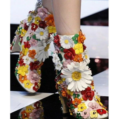 Mixed Color Flower Crystal Mid Calf Boots.