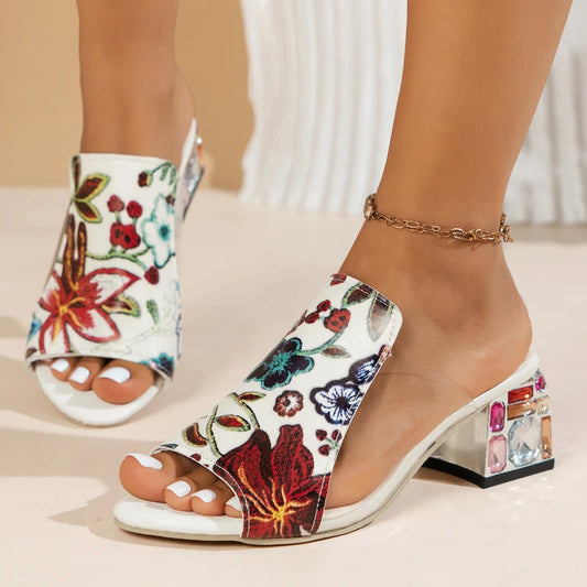Women Slippers Floral Print Genuine Leather.