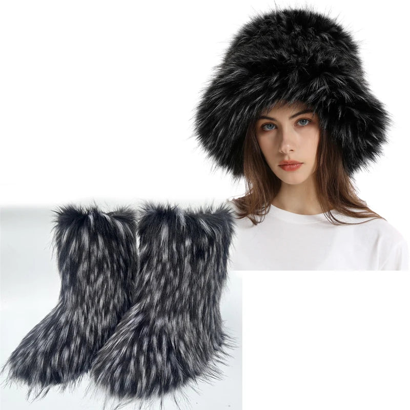 Women's Fur Snow Boots with Hat.