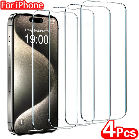 4Pcs Tempered Glass For iPhone 16 15 14 13 12 11 Pro Max