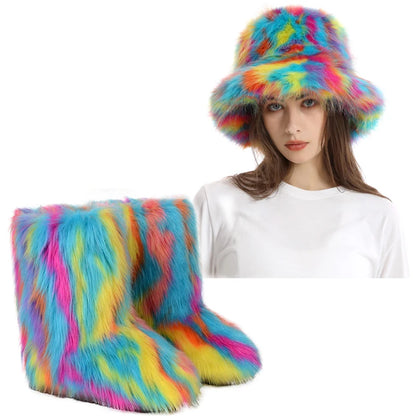 Women's Fur Snow Boots with Hat.