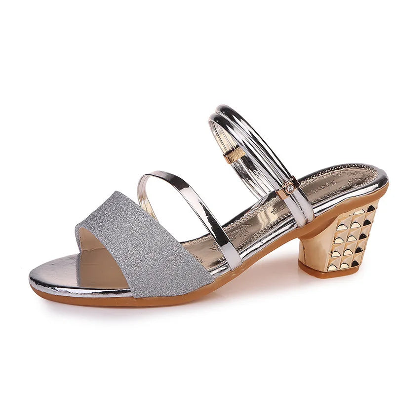 metallic women block heel summer shoes