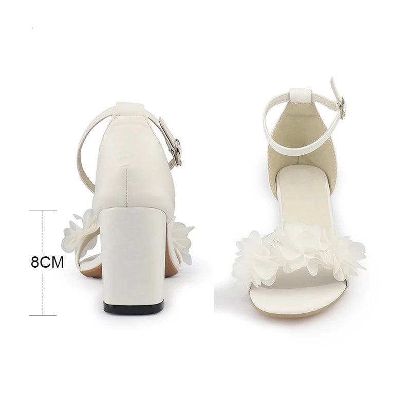 White Floral Sandals Summer Wedding Shoes.